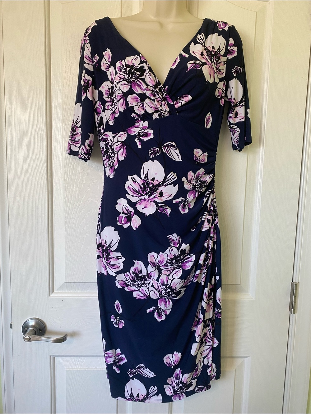 Ralph Lauren Navy Midi Dress with Pink & White Floral Pattern